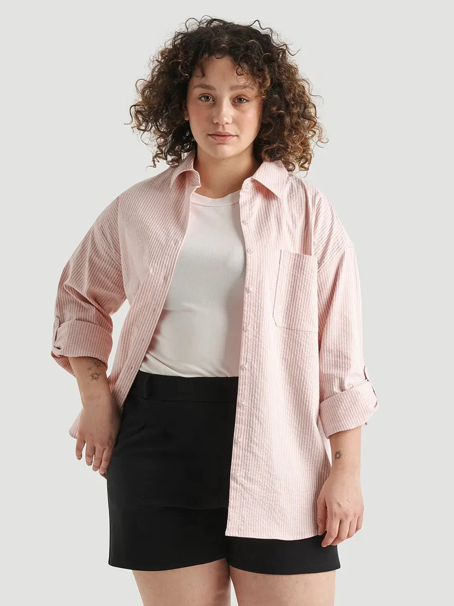 Chemise longue Flowy ample à manches roulées - Ligné abricot - Image 3