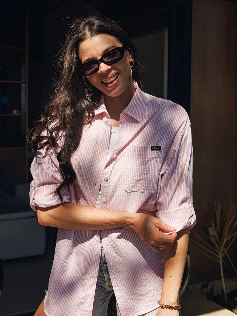 Chemise longue Flowy ample à manches roulées - Ligné abricot - Image 4