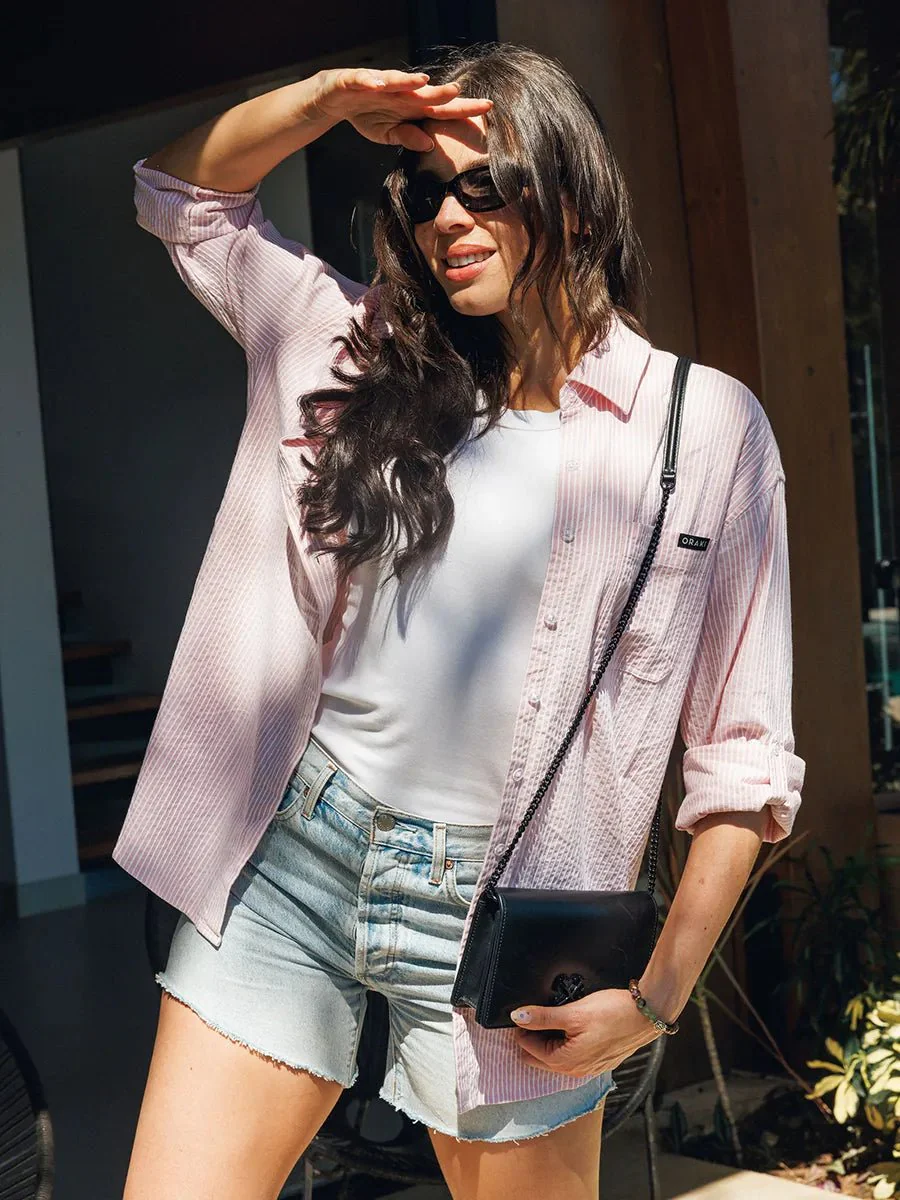 Chemise longue Flowy ample à manches roulées - Ligné abricot - Image 5