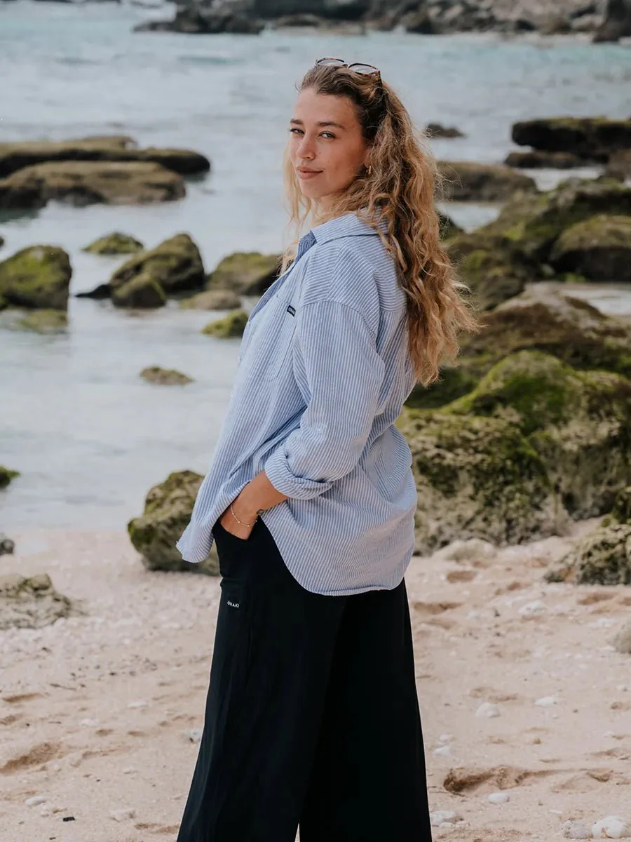 Chemise longue Flowy ample à manches roulées - Ligné horizon - Image 3