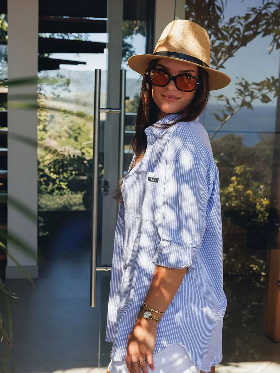 Chemise longue Flowy ample à manches roulées - Ligné horizon - Image 4