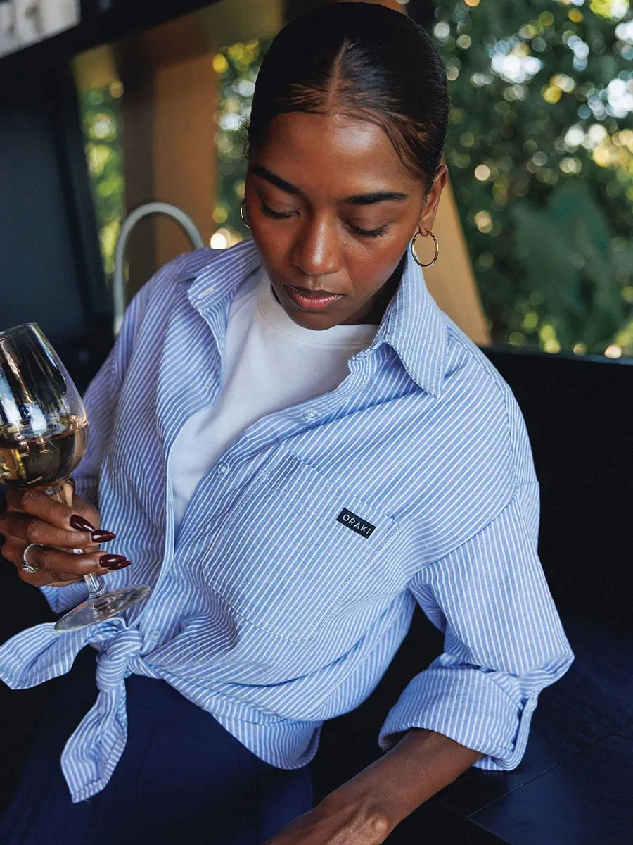 Chemise longue Flowy ample à manches roulées - Ligné horizon - Image 5