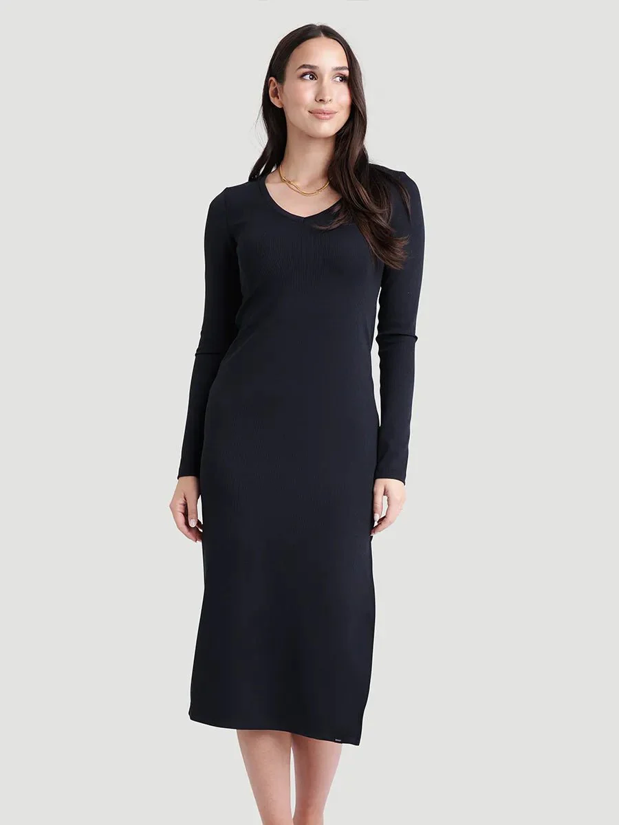 Robe longue col V à manches longues côtelée - Gris charbon - Image 4