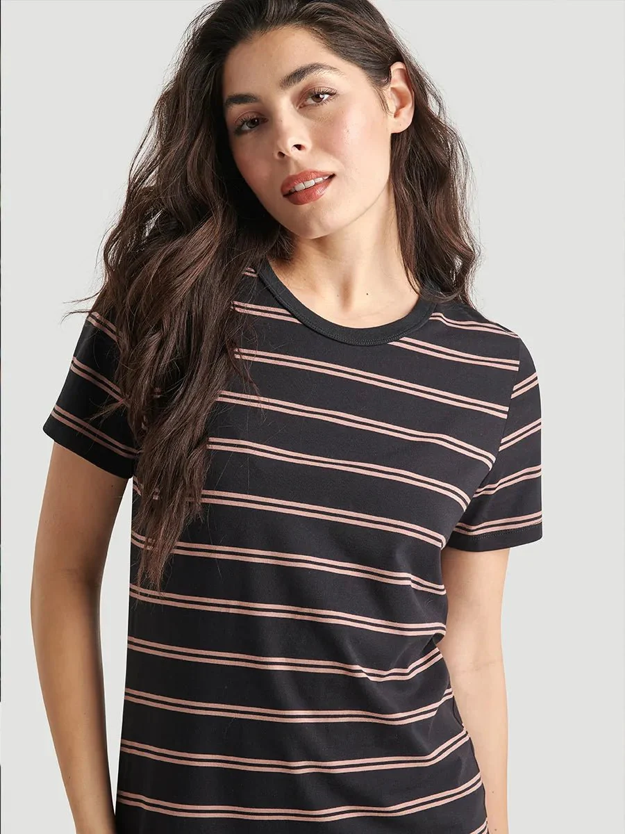 Robe manches courtes à col rond Jersey fluide - Rayures noir taupe - Image 3