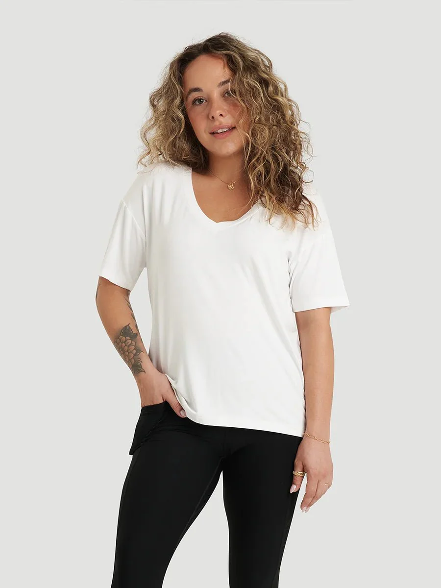 T-shirt ample Ecovero™ col V profond - Blanc - Image 3